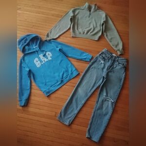 GAP 3-piece set: straight Jeans + blue Hoodie and olive Sweatshirt, size 2